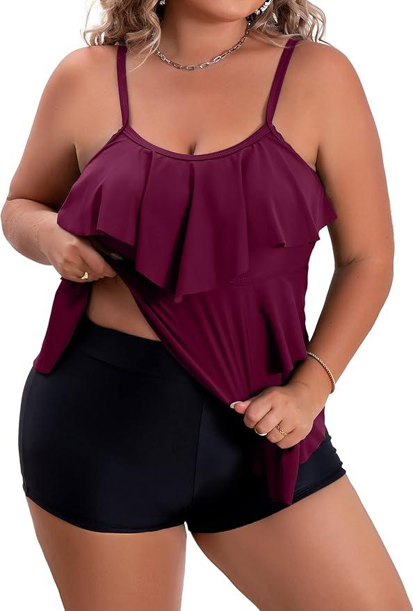 B2prity Women Plus Size Tankini Swimsuits Tummy Control Two Piece Bathing Suit Ruffled Flounce Swimwear with Shorts (22W)