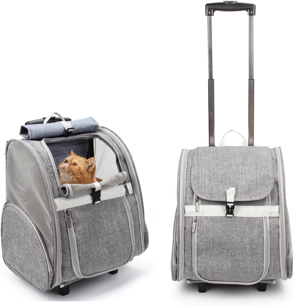 Lollimeow Pet Rolling Carrier, Dog Backpack with Wheels, Cats, Puppies Travel Bag with Wheels, Dog Trolley(Grey), 15.5"L x 11"W x 17"H