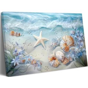 Blue Ocean Beach Conch Canvas Wall Art Starfish with White Flower in Vintage Vase Ocean Coast Picture Poster Prints Painting Artwork Wall Decor for Bathroom Living Room Bedroom Office 24''L x 16''W