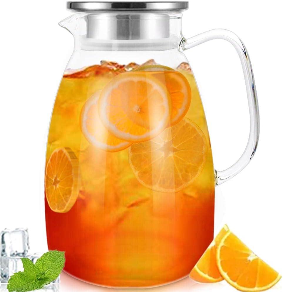 Glass Pitcher with Lid, 68oz Large Water Pitcher with Insulated Handle, Heat Resistant Borosilicate Carafe, Durable Water & Juice Jug for Hot Coffee, Iced Tea, Lemonade & Cold or Hot Beverages