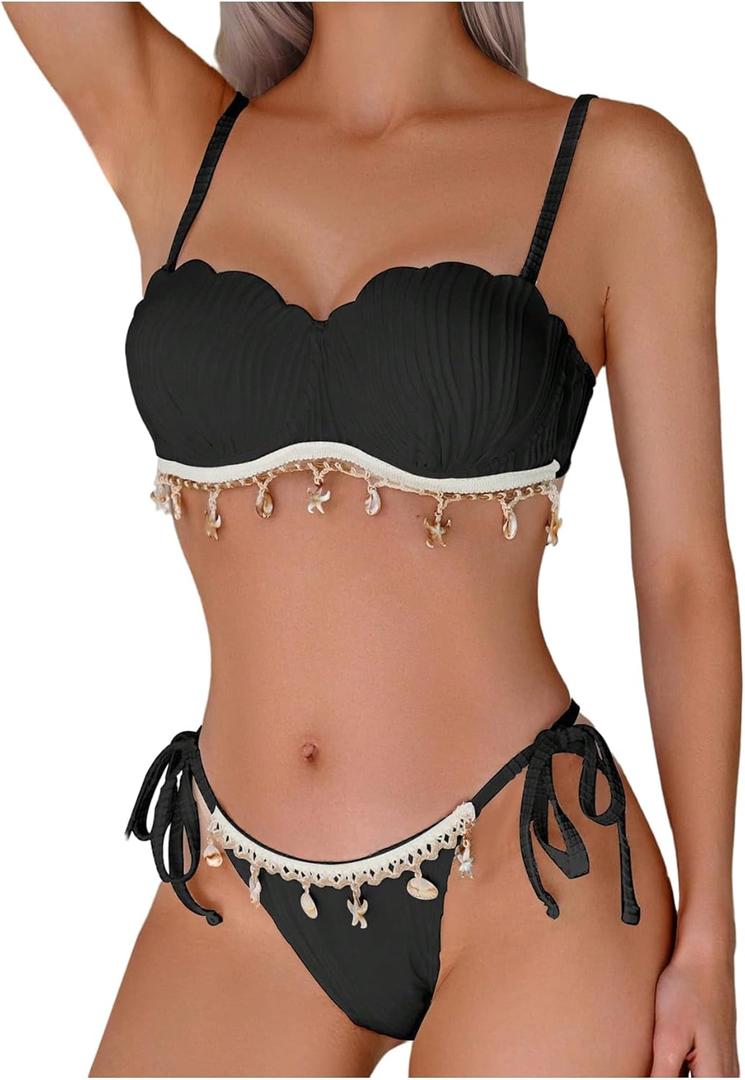 MakeMeChic Women's Bikini Set Textured Scallop Trim Shell Tie Back Bathing Suits (X-Large, Black)