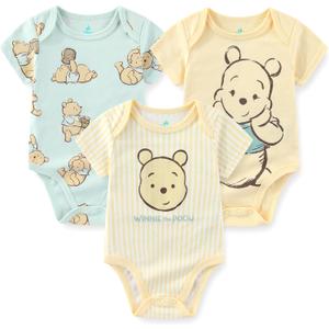 Disney Winnie the Pooh Baby Boys 3 Pack Bodysuit Creeper for Newborn and Infant (6-9 Months, Yellow/Blue)