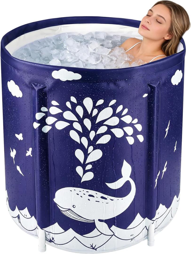 STARBRILLIANT Portable Foldable Bathtub, Collapsible Adult Travel Bath Tub for Camping, Home & Spa, Space-Saving Storage, Durable PVC Material (Whale, 27inch)