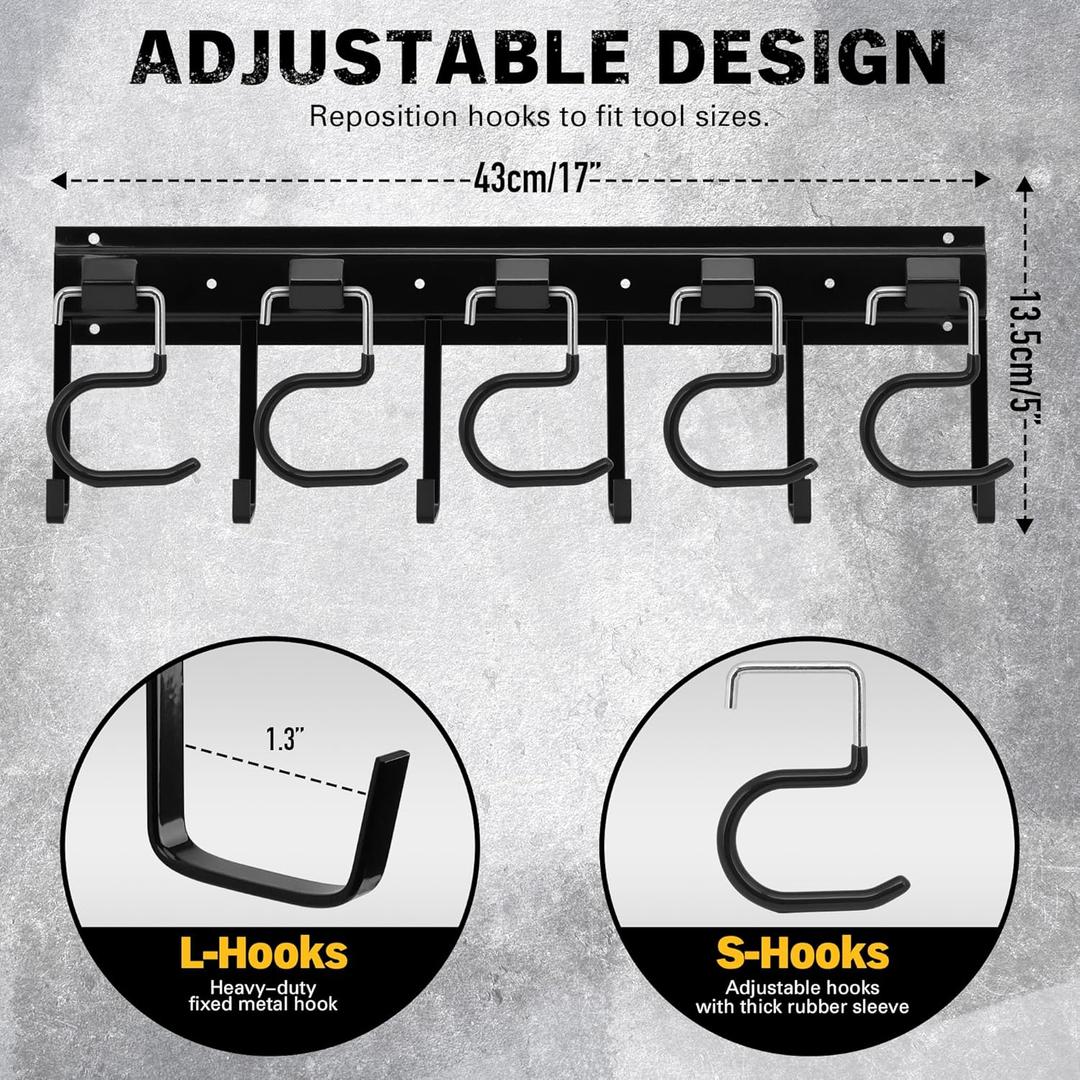 ELEAD 17'' All Metal Adjustable Garden Tool Organizer: Garage Tool Organizer Wall Mount with Black Hooks, Garage Organizers and Storage, Tool Hangers for Shed