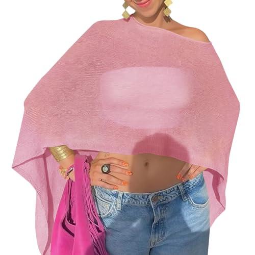 Fisoew Womens Sheer Poncho Top Lightweight Knit Bolero Shrug Mesh Off The Shoulder Y2K Going Out Beach Swimsuit Coverup Pink