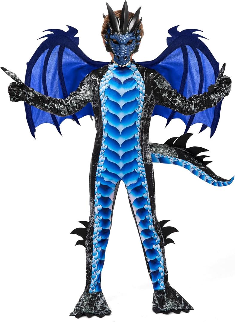 Spooktacular Creations Halloween Kid Dragon Costume, Boys Dragon Wings, Tail and Mask Set for Halloween Dress Up (Small(5-7 yrs), Blue)