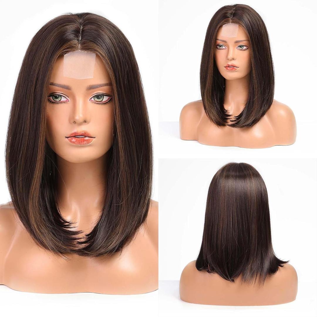HAIRCUBE Short Wigs for Women,Brown Bob Wig Shoulder Length Synthetic Wig Heat Resistant Hair for Daily Party Use 16 Inches(Dark Brown with Highlight)