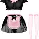 Sexy Stockings Mini Skirt Mesh Sheer Lace Halloween Costume Maid Outfit Lingerie with Thong Set 4 Piece (XL)