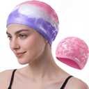 3 x Women Swim Cap 2 Pack for Long Hair, Silicone Flower Adult Swimming Caps Waterproof for Girl Youth No Wet Hair (Purple)