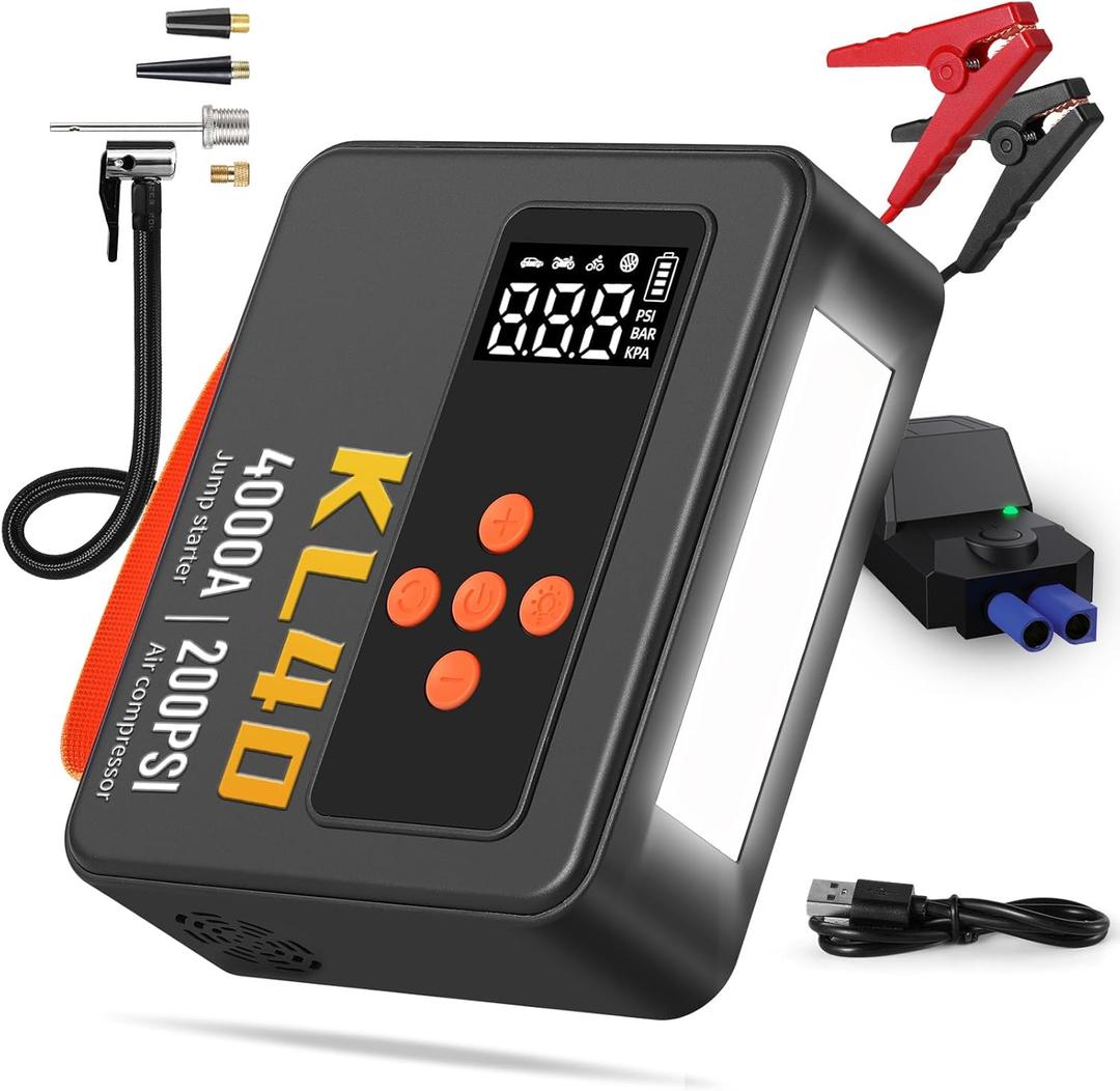 Jump Starter with Air Compressor, 4000A Peak Car Battery Jump Starter, 200PSI Portable Tire Inflator, 9L Gas 8L Diesel Engine, 26000mAh Power Bank, LED Light, Emergency Kit for Trucks, SUV, Cars