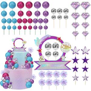 Sanwuta 77 Pcs Kpop Theme Party Cake Topper Set Disco Ball Glitter Ball Star Diamond Insert Foil Fireworks and Cake Standee for Kpop Theme Birthday Graduation Music Lover Decors