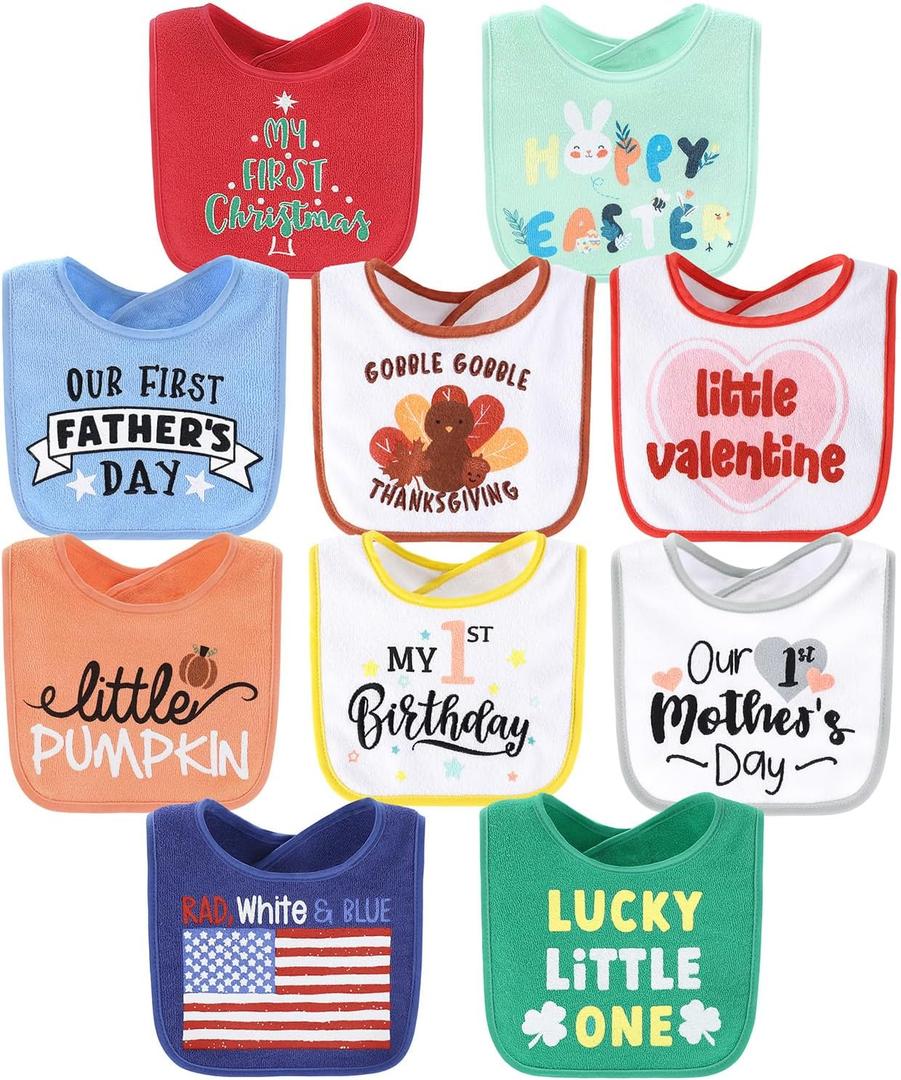 The Peanutshell Baby Boy or Girl Terry Bibs Set of 10-100% Cotton, Soft, Absorbent Baby Bibs, Unisex Toddler Boy or Girl Set, Newborn & Infant - Holiday