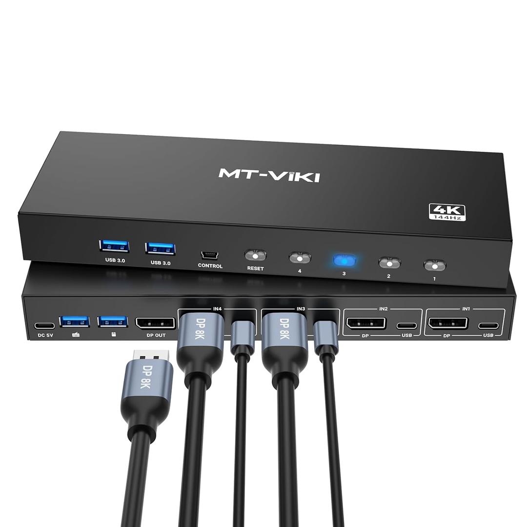 MT-VIKI 8K Displayport KVM Switch 4 in 1 Out DP1.4 with 4 USB 3.0 Ports, Support 8K@60Hz 4K@144Hz Share 1 Monitor Keyboard Mouse U-Disk Printer, with 4 USB A to C Cables
