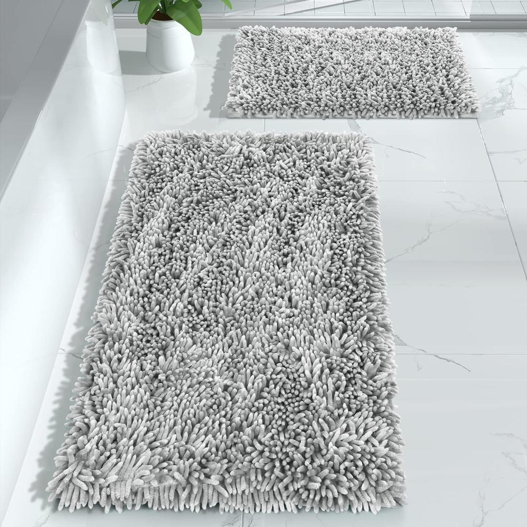 Yimobra Bathroom Rug, Luxury Shaggy Extra Thick Bathroom Rugs, Plush Non-Slip Mat for Bath Room Floor, Machine Wash, Ultra Absorbent, 24 x 17 Inches, Silver