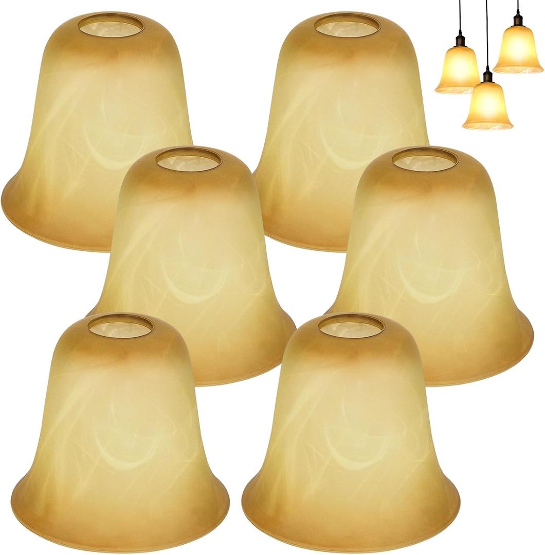 Pangda 6 Pcs Glass Chandelier Shade Cracks Glass Shade Replacement Light Covers Bell Shaped for Vanity Pendant Lighting Base E26 Socket (Amber)