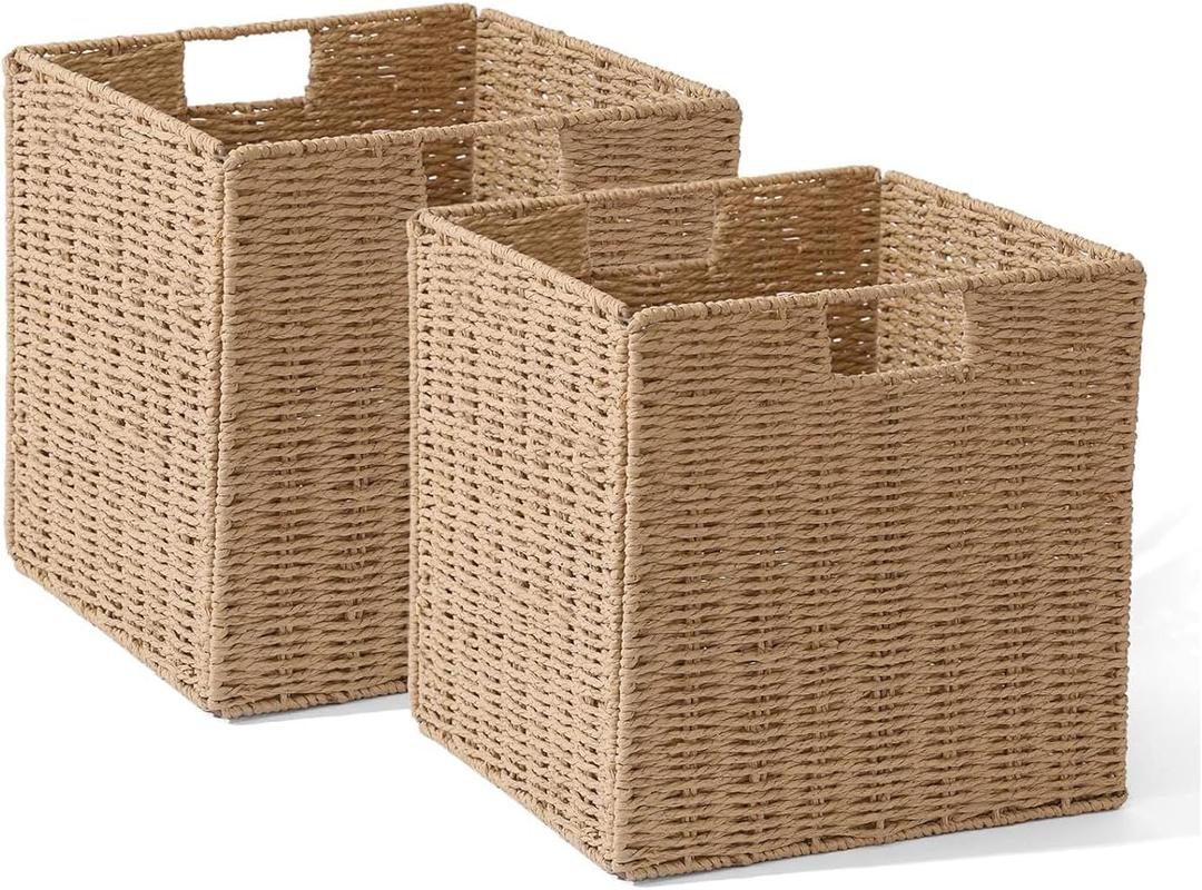 12x12x12in Wicker Storage Baskets for Shelves, Set of 2 Hand-Woven Paper Rope Wicker Basket,Foldable Cube Storage Bins, Natural Color Storage Cubes, Square Baskets for Organizing Decor