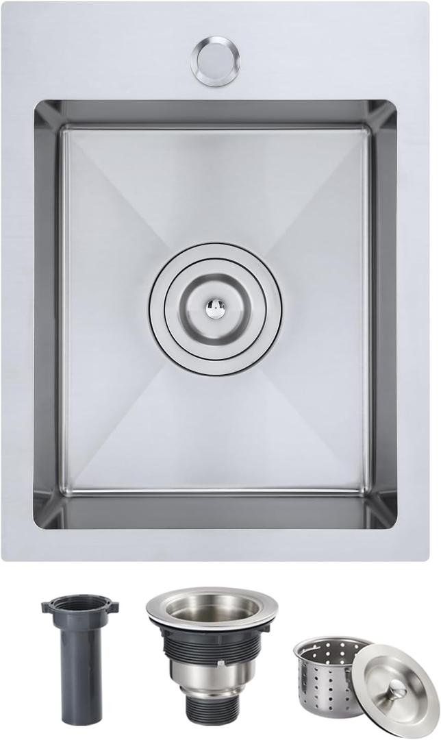 OUGOO 13 x 18 inch Bar Sink, Drop-in Tight Radius Brushed Stainless Steel Topmount Kitchen Sink Single Bowl