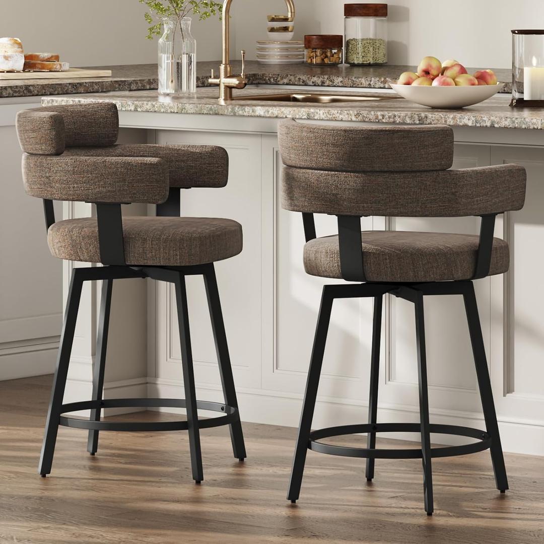 Counter Height Bar Stools with Full Back Swivel Counter Stools Set of 2 with Linen Padded Back, Metal Footrest, Modern Barstools for Kitchen Counter, Island, Dining Room, Brown 24 inch