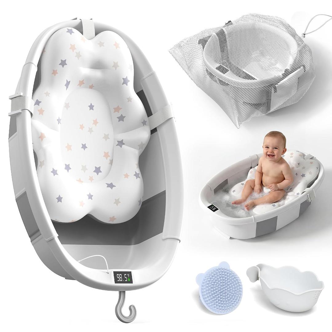 Collapsible Baby Bathtub - Large Baby Bath Tub with Thermometer | Bath Essential Baera para Bebe Easy Fold Baby Tub | Travel Infant Newborn Toddler Bathtub for Baby Girl Boy 0 to 36 Months (Grey)