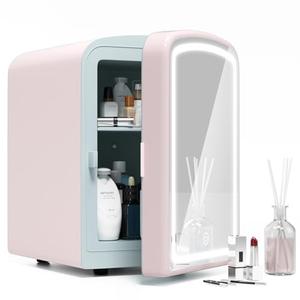 COYCYQI Mini Fridge for Skin Care, 4 Liter Portable Small Fridge with Dimmable LED Mirror, Hot or Cold Personal Beauty Refrigerator for Bedroom, Office, Car, Makeup(Pink)