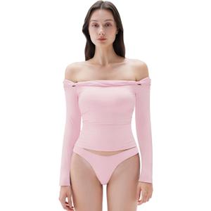 SUUKSESS Women Padded Off The Shoulder Tops Double Lined Going Out Fitted Basic Fall Shirts (Medium, Baby Pink)