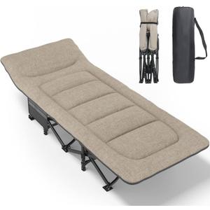 ATORPOK Camping Cot for Adults with Cushion and Pillow, Portable Folding Bed for Sleeping, Lightweight Tent cot with Carry Bag Supports 450 lbs (Khaki)