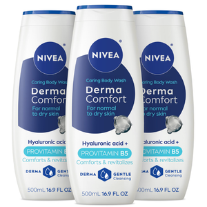 NIVEA Derma Comfort Caring Body Wash for Sensitive Skin, Body Wash with Hyaluronic Acid and Vitamin E, 16.9 Fl Oz Bottle, Pack of 3