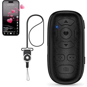 TikTok Scrolling Remote Control for iPhone and Android Smartphones, Bluetooth Page Turner for Kindle App, Camera Photo and Video Clicker for iPhone, and Samsung Neck Strap Included.(Black) (Black-TT-M9)
