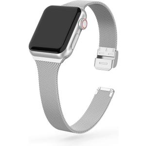 Compatible with Apple Watch Bands 38mm 40mm 41mm 42mm(Series 10) 46mm 45mm 44mm 42mm(Series 1/2/3), Stainless Steel Metal Narrow Slim Thin Replacement Compatible for iWatch Series 10 9 8 7 6 5 4 3 2 1 SE Women (Silver)