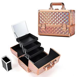 Joligrace Makeup Train Case Cosmetic Box 11.6 Inch Jewelry Organizer Professional 3 Tiers Trays with Mirror and Brush Holder Lockable Key Portable Travel - Rose Gold