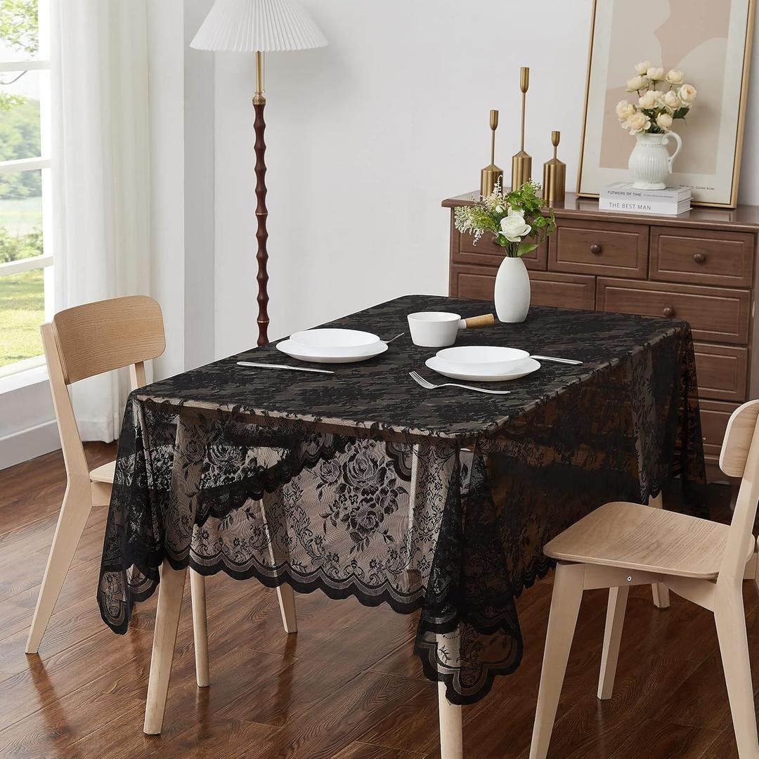 LinenZone Beautiful Oblong Lace Tablecloth with Elegant Scalloped Bottom for Any Special Event Such as Wedding, Birthday Party, Baby Shower, Anniversary. for 10-12 People. (Luna TC 60 x 120, Black) (120" x 60" (Rectangular))