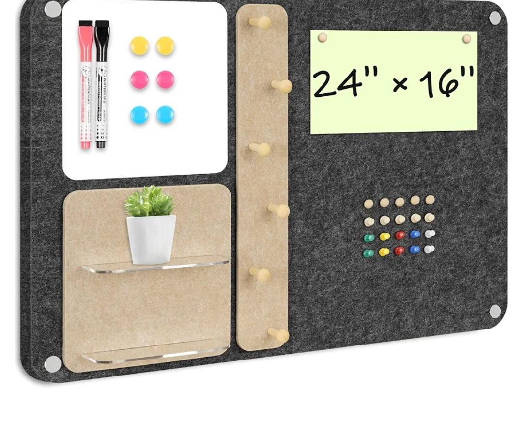 DOLLAR BOSS 3-in-1 Foldable Bulletin Board 24"x16" Horizontal - Magnetic Whiteboard with Cork & Acrylic Shelves, Sound-Absorbing Felt for Home/Office/Dorm Includes Pins/Magnets (Grey)