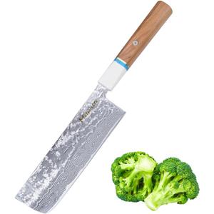 Meteorite Nakiri Japanese Vegetable Knife, For Precision Veggie Prep, Hand-Hammered Starry Damascus, Convex Grind Edge, Olive Wood Handle Gourmet Gift IceRaven 7 Inch