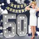Marquee Numbers Silver 50th-Birthday Decorations: Large 3ft Light Up Number Grey 50 Birthday Decoration for Women Men Fifty Year Old Anniversary Party Decor Backdrop Big Mosaic Number 50 with Banner