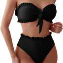 SOLY HUX Women's Ruffle Strapless Bikini Set 2 Piece Bandeau Swimsuit High Waist Bathing Suits Plain Black, Small