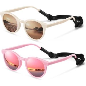 Cute Kids Polarized Sunglasses,Baby Sun Glasses with Strap for Toddler Girls Boys Flexible Round UV Protection