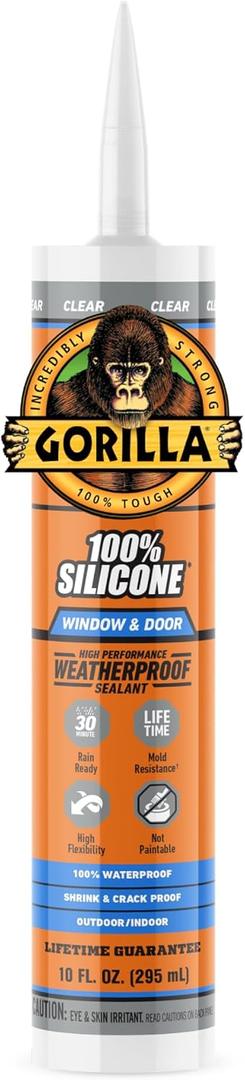 Gorilla 100% Silicone Sealant Caulk Window & Door, 10 Ounce Cartridge, Clear