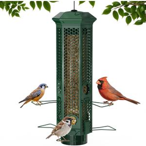 Squirrel Proof Bird Feeders, Bird Feeder for Outdoors with Removable Base, 6 Ports Perches Gravity Protection Squirrel Proof Wild Bird Feeders, 3LB Seed Capacity, Green