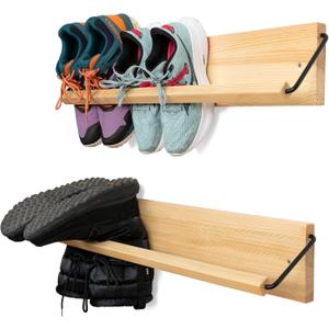 Wall Mounted Shoe Rack - A Wooden, Modern, Slim, and Small Shoe Storage Solution for Shoes and Boots in Narrow Spaces, entryways, or hallways. (30-in-Wide, Pack of 2)