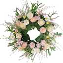 Pink Spring Summer Wreaths for Front Door, 20 Inch Artificial Floral Wreath with Rose Ball-Chrysanthemum, Flower Wreath for Porch Wall Window Decor, Handmade Wreaths for Wedding Decoration