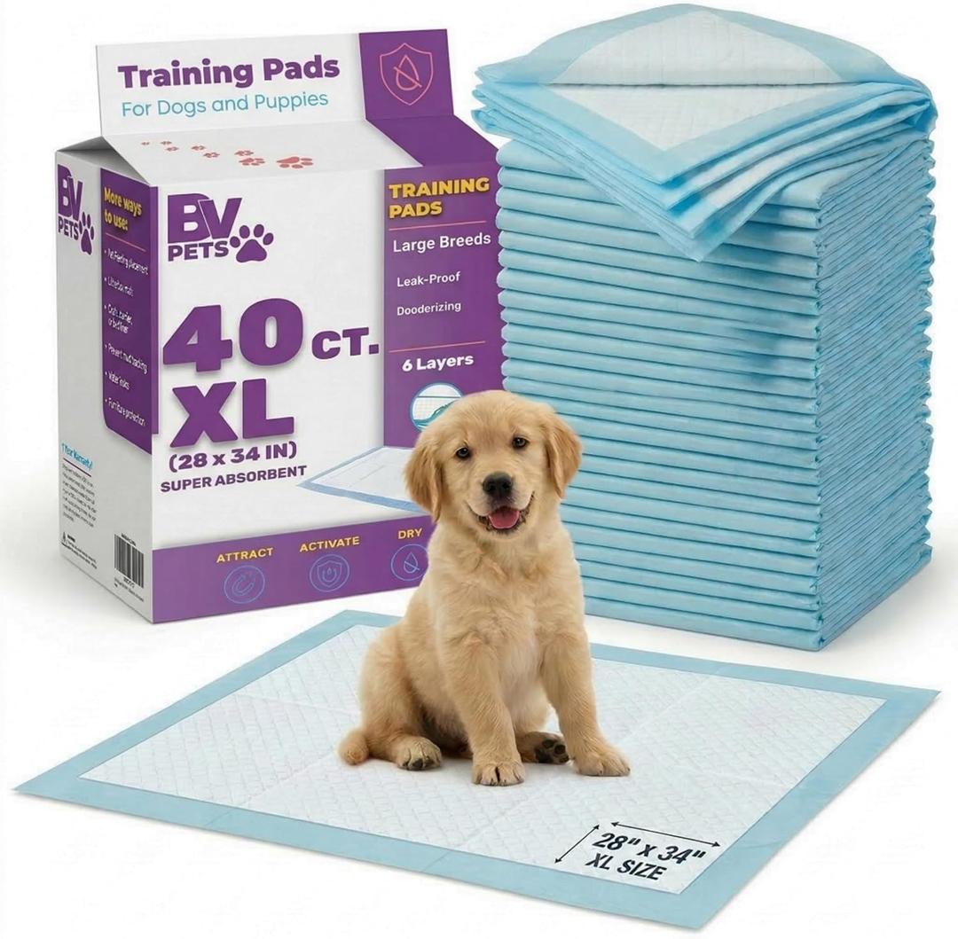 BV Puppy Pads XL 40 Count 34"x28" - Leak-Proof Pee Pads for Dogs with 6-Layer Design, Rapid Dry Sheet & Attractant - Dog Pad Extra Large with Odor Control - Perfect for Big Dogs & Indoor Use