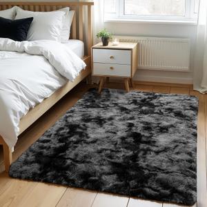 Zentavio Area Rugs for Living Room Small Carpet for Bedroom 3x5 Bedside Washable Soft Fluffy Shag Aesthetic Plush High Pile Throw Rug for Nursery Kids Room Dorm Room Tie-Dyed Black Grey