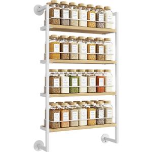 IBUYKE Spice Rack Wall Mount,4 Tier Hanging Seasoning Organizer,Spice Rack for Wall for up to 50 Jars,Spice Organization for Kitchen Cabinet,Living Room,Bathroom,Pantry,Natural TLJ016R (White)