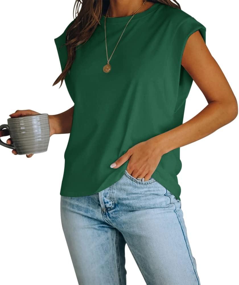 Women's Cap Sleeve Tank Top Crew Neck T Shirts Loose Fit Basic Summer Casual Tee Tops (Dark Green) S