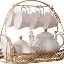 fanquare 15 Pieces Simple White English Ceramic Tea Sets,Tea Pot,Bone China Cups Without Metal Holder,Matching Spoons,Afternoon Tea Set Service Coffee Set