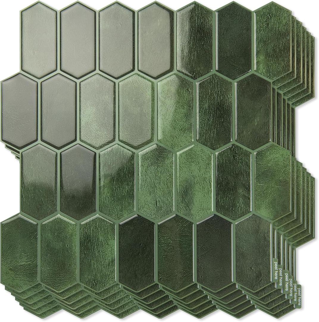 Art3d 10-Sheet Heavy-Duty Peel and Stick Backsplash, Self-Adhesive Vinyl Wall Tiles for Kitchen Countertop Bathroom, Green (12 x 12 Inch)