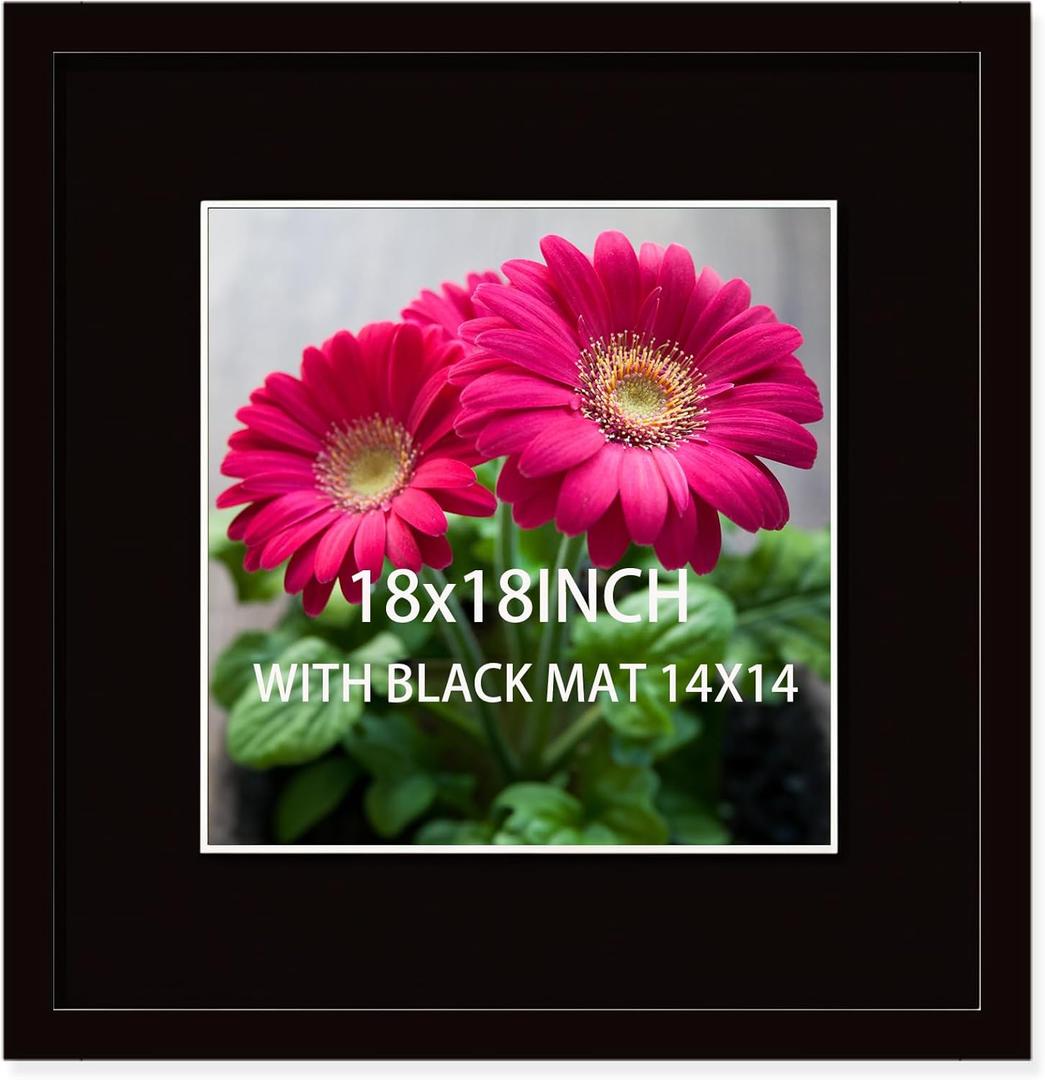 SKAOTUS 18x18 Picture Frame Black Solid Wood for Black Mat 14x14 Wall Mounting Square Poster Frames