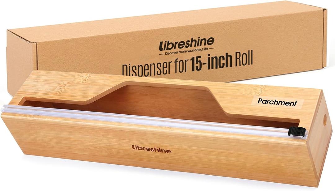Libreshine 15 Inch Parchment Paper Dispenser with Cutter for Costco-Sized Roll, Bamboo Kitchen Drawer Organizer for Foil & Wax Paper, Wall-Mounted Large Food Wrap Holder