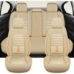 5-Piece Nappa Leather car seat Cover, Suitable for Cars, SUVs, and Trucks - Premium Quilted Diamond Stitching, Waterproof, airbag (Beige)