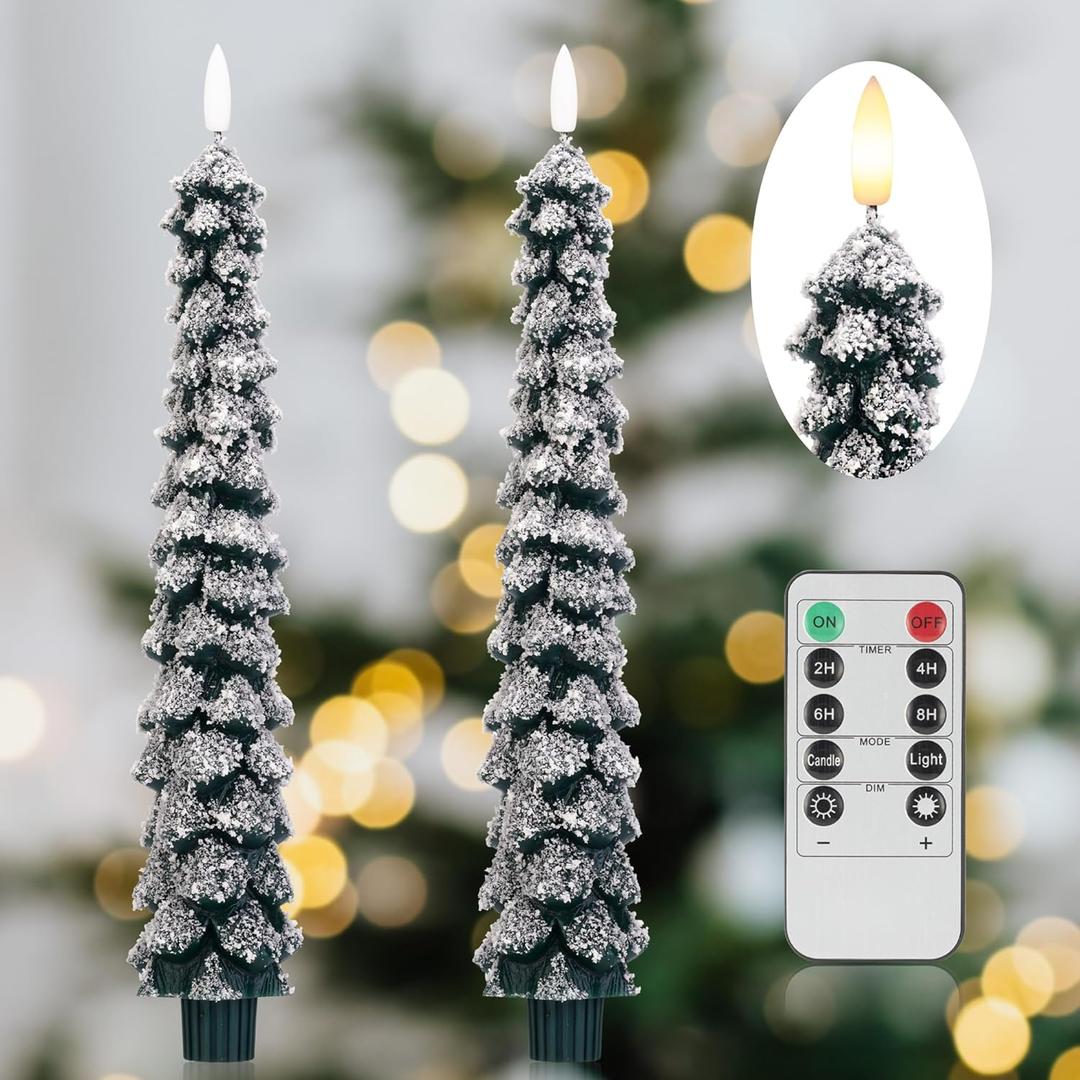 Christmas Tree Candles with 3D Wick, 11.4" Green Real Wax Flameless Taper Candles with Remote, Flickering LED Xmas Candlesticks Battery Operated Candle for Home, Party Decor, 2 Packs